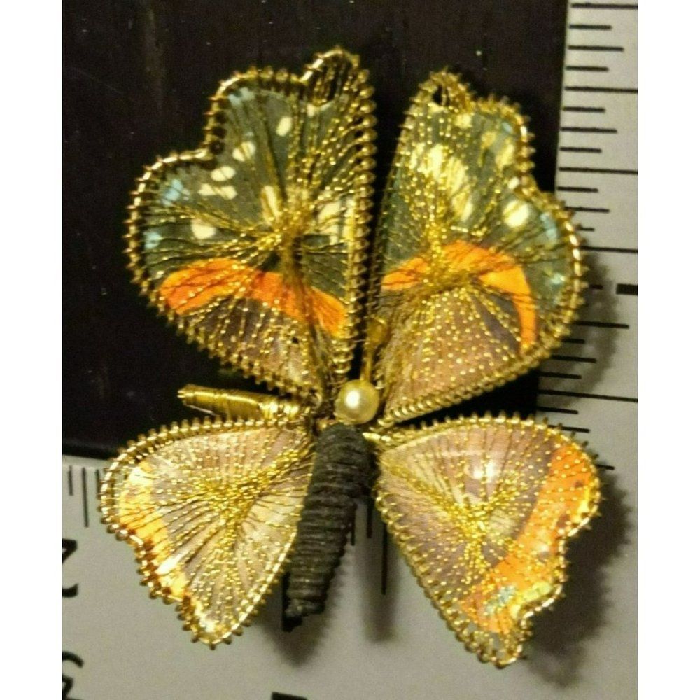 Butterfly Pin Brooch 1960's Gold Yellow VTG Dainty Fairy Woven‎ Boho